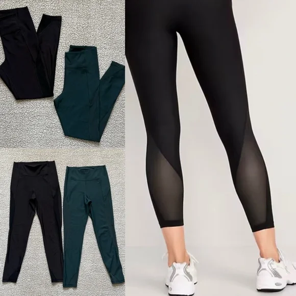 ✝️ Old Navy | Black & Hunter Green Mesh Panel Leggings - Picture 1 of 11